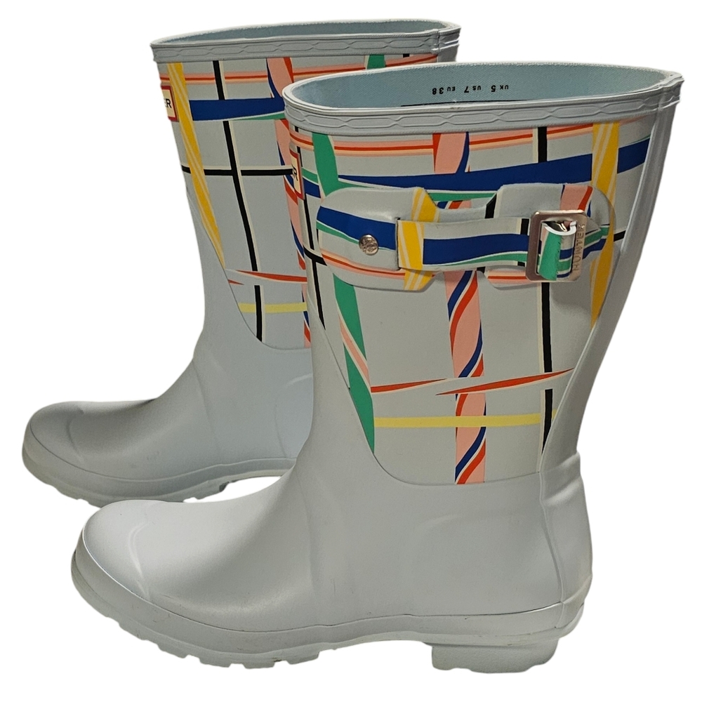 Hunter Original Short Rain Boots Rock Tartan Boat Blue US Women's Size 7 NEW - Picture 2 of 7